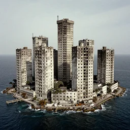 brutalist city, prison city, totalitarian prison island, hashima island, rundown buildings, military buildings, prison complex, colorized 1 6 mm photo