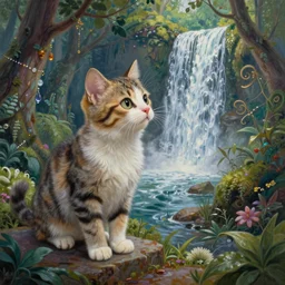 painting of one kitten in the enchanted forest standing on the steps and watching the waterfall, fantasy, intricate, extremely detailed, face enhance, matte, featured in artstation, art by louis wain, greg rutkowski