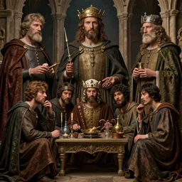 hyperrealistic mixed media image of scenes from the canterbury tales, collaboration by thomas eakes & greg rutkowski & xiang duan & mike judge, perfect symmetry, dim volumetric lighting, 8 k octane beautifully detailed render, post - processing, portrait, extremely hyper - detailed, intricate, epic composition, highly detailed realistic attributes, cinematic lighting, masterpiece, trending on artstation, very very detailed, stunning,