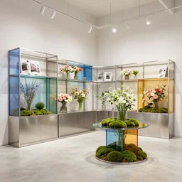 flower retail store, minimal, stainless steel and color glass, frame magazine, archidaily, moss, contemporary art and sculpture for flower, trending on artstation, octane rendering