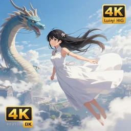 anime girl with a white long dress is flying through the sky with a dragon nearby, pixiv digital art, 4 k