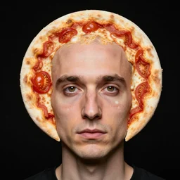 portrait of man with a rare facial deformity making the head flat and circular like a pizza, head looks exactly like a pizza, doughy skin with white pores, blemishes look like tomatoes, soft lighting, sharp focus, highly symmetrical, black background, masterpiece by paola agosti