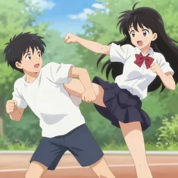 Anime female character giving an anime boy a uppercut