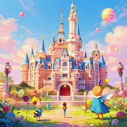 photo of palace whimsical fairy wonderland vibrant colors candyland wonderland by artgerm and greg rutkowski and magali villeneuv art beeple, by thomas kinkade hearstone league of legends dofus beatrix potter