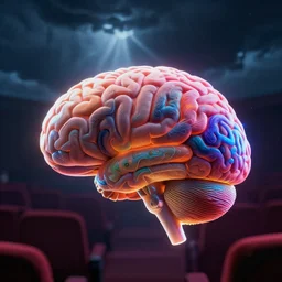 an illustration of a brain at the cinema, a storm in the background, moody lighting, lens flare, atmosphere, glow, detailed, intricate, full of colour, cinematic lighting, trending on artstation, 4 k, hyperrealistic, focused, extreme details, unreal engine 5, cinematic, masterpiece