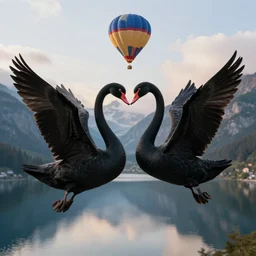 Photorealistic photo of two hot air balloons shaped as black swans flying above a reflective mountain lake, touching heads, forming a heart with their necks, beautiful, 8k highly professionally detailed, HDR, CGsociety