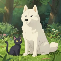 a white huskey sitting next to a black cat in the park, cell shaded, beautiful lighting, animation, ghibli, pixar, disney