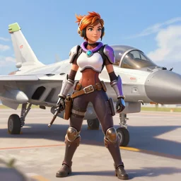A beautiful portrait of Tracer from Overwatch standing next to a fighter jet, long shot, realistic, highly detailed, by Stanley Artgerm Lau, WLOP, and Rossdraws, digtial painting, trending on ArtStation