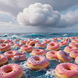screenshot from the movie \ cloudy with a chance of meatballs. \. landscape photography of a turbulent ocean that is made up of a sea of giant donuts. claymation. diorama. digital art. colorful. render. 4 k. 8 k. trending. wallpaper.