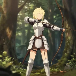 isekai beautiful anime girl armored elven archer standing in forest. flat face. aesthetic, golden ratio. beautiful lineart, rankings pixiv, artstation, soft lighting, artistic pose, character concept, cinematic, motion blur, chromatic abberation. by trent kaniuga, kienan lafferty