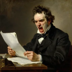 very angry franz schubert composing his new masterpiece while screaming loudly, a very detailed oil painting, by josef kriehuber, classical oil painting, fine art style
