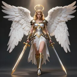 full body photo of a female angelic warrior with holy weapons, highly detailed,