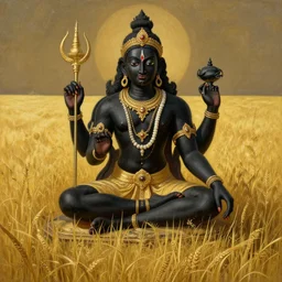 black hindu god golden meadow, detailed painting by rene magritte