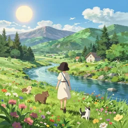 the kingdom is a beautiful place with towering mountains and pristine rivers. the sun always shines and the sky is a deep blue. the girl often walks through the kingdom, admiring the flowers and trees. she sometimes stops to talk to the animals, who are always friendly. anime scenery by makoto shinkai