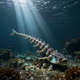 underwater enviroment with spondilus creatures, unreal 5, hyperrealistic, realistic, photorealistic, dynamic lighting, highly detailed, cinematic landscape, studio landscape, studio lighting