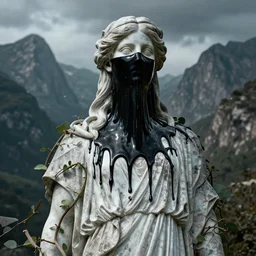 greek statue dripping black iridescent liquid by michael cheval, mountains in background, geometric vines, moody, dramatic, introspective, 8 k, octane render, photorealistic, hyper detailed, transcendent, vibrant color, clean linework, finely detailed, shrouded face, veiled face, 4 k, trending on artstation, photorealistic, volumetric lighting, octane render