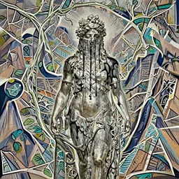 greek statue dripping black iridescent liquid by michael cheval, mountains in background, geometric vines, moody, dramatic, introspective, 8 k, octane render, photorealistic, hyper detailed, transcendent, vibrant color, clean linework, finely detailed, shrouded face, veiled face, 4 k, trending on artstation, photorealistic, volumetric lighting, octane render
