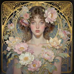 a digital painting of a young beautiful woman, many flowers, dark pastel color scheme, intricate jugendstil background, gold filigree, by karol bak, by emil melmoth, by Daniel Gerhartz, trending on artstation