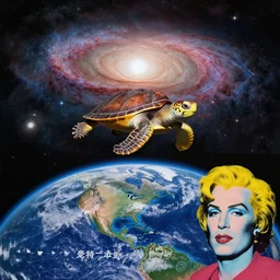 galaxies!! turtle hovering below planet earth, gerald brom and andy warhol