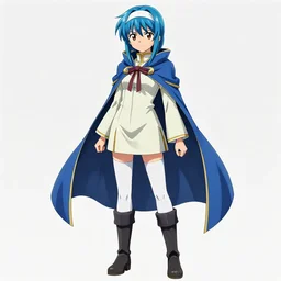 a blue-haired alchemist girl, wearing a headband, short pale tunic and white stockings, high boots, azure cape, anime character; in the Japanese fantasy videogame; character concept art; trending on artstation, highly detailed, clean lineart