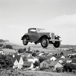 old vintage car flyhing above the village, photograph in black and white