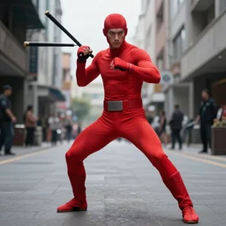 lean, fighter, in a red spandex suit, pose, stance, fight, man, with batons, standing, streetfight