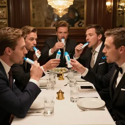 a group of well dressed gentleman eating blue toothpaste toasts in a fancy restaurant,