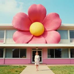 giant flower head, frontal, woman standing in mid century building, surreal, symmetry, bright colors, cinematic, wes anderson