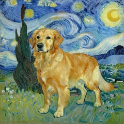 a golden retriever in a van gogh painting