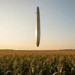 wide shot of a tall and thin monolithic spaceship hovering in the air high above a cornfield, late afternoon, golden hour, highly detailed, smooth, sharp focus, concept art by greg rutkowski and ruan jia and stanley lau