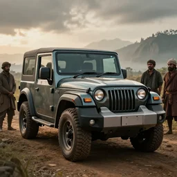 Mahindra thar, tribe members watching nearby, an epic fantasy, dramatic lighting, cinematic, establishing shot, extremely high detail, photorealistic, cinematic lighting, matte painting, artstation, horizon forbidden west