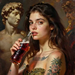 beautiful young woman, soda water, tattoos, in the style of irakli nadar and michaelangelo, stern, warm, oil paiting, deep mood, hyperrealism, epic and cinematic