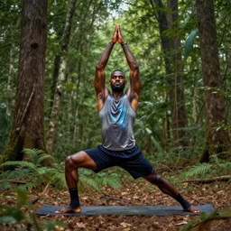 lebron james doing yoga in the forest, realistic extremely detailed photo style painting, granular detail, holographic krypton ion, octane render, 4 k, f 3 2, 5 5 mm photography, wide angle