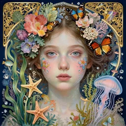 hyperrealistic detailed portrait of a young girl with a glass face, with flowers, butterflies, corals, sea kelp, sea plants, fish, starfish, jellyfish, diamonds, filaments, golden filigree, neon lights pipes, art by ernst haeckel, john william godward, hammershøi, alphons mucha, pontormo, ornamental, decorative, lights by hopper, pastel deep colours,