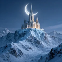 a photorealistic iced capped mountain range with a massive gothic cathedral sitting at the peak lit by the crescent moon above, fantasy art, deviant art, highly detailed, digital art, 3d, 4k