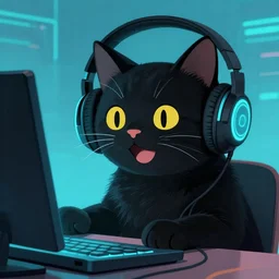 cool close - up happy!! black cat playing computer games, artstation, by laurie greasley, by beeple, digital painting, wearing headphones, cyberpunk, cyan