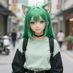 green - haired sporty catgirl, bust portrait, anime, outfit - of - the - day, instagram, street photography, fashion model, fashion model, ootd, flcl cover, yoji shinkawa greg rutkowski craig mullins noah bradley mark arian wlop, selfie, ilya kuvshinov, trending on artstation, very very beautiful, symmetrical, vignette