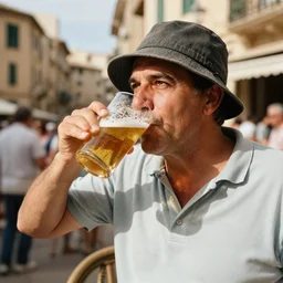german man with fishermans hat drinking beer in mallorca