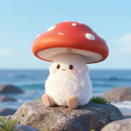 fluffy anthropomorphic mushroom sitting on a rock in the ocean