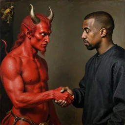 a renaissance painting of a red devil with his horns giving a handshake to kanye west, ultra detailed, realistic