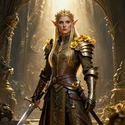 a standing elf in armor with golden rivendell flowers and a curved long sword, a detailed face, an epic masterpiece of cinematic hyperrealism, a realistic poster with shaded lighting from craig mallismo, artgerm, jeremy lipkin and michael garmash, unreal engine, shining light, detailed and intricate surroundings, digital art, art trends station