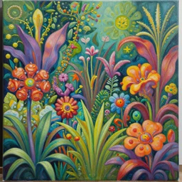 a painting of a garden with flowers and plants, a detailed matte painting by android jones, cgsociety, psychedelic art, detailed painting, greeble, biomorphic