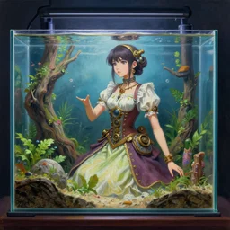 southeast asian scifi alchemist in an aquascaped freshwater aquarium, wearing a lovely dress with steampunk details. this oil painting by the award - winning mangaka has an interesting color scheme and impeccable lighting.