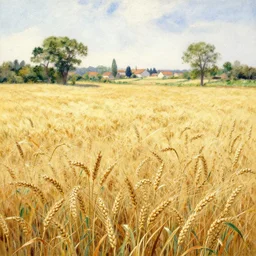 a hiper intricate watercolor of a beatifull serene wheat field with some trees and little village in the background, extremely detailed, sharp focus, wide view, smooth, digital illustration, colorfull, by william turner art, by greg rutowski, by monet, by carl larson, by edmund dulac