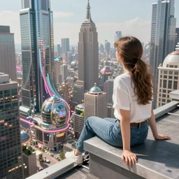 “ girl sitting on a roof looking down at a futuristic new york city below, extremely detailed, by daniel gerhartz ”