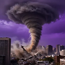 a gigantic tornado crushinf destroying a city, absolute destruction purple background