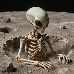 a detailed matte painting of an alien skeleton in a crater on the moon, close up, dusty, dramatic lighting, 4k, trending on artstation, by