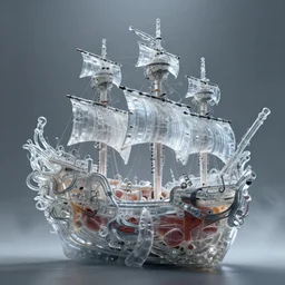 giant transparent crystal organic pirate ship, beksinski, giger, intricate 3 d tubes and wires, medical photography, anatomical photography, octane render, musculature, inner glow, realistic, 8 k, unreal engine, trending on art station, subtle black accents, ray trace, epic, unreal engine, moody, misty