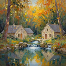 sparse stone cottages underneath a dense tall forest, with pristine reflex from cascading ponds. gorgeous, elegant, sophisticated, an ultrafine painting, intricate brush strokes, bright depth oil colors, photography by araken alcantara. intense promiseful happiness, autumn sunrise warm light, detailed and intricate environment. hopeful. bodyscapes