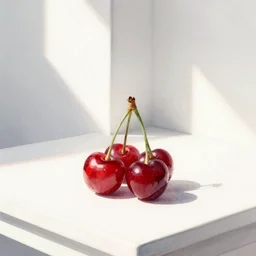 watercolor painting of bunch of cherries, bright, white table, white walls